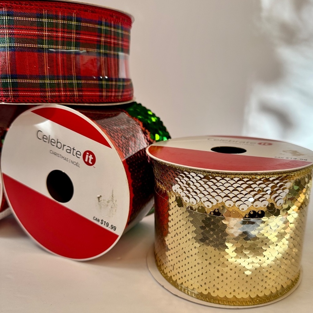 Christmas Wired Ribbon Bundle Sequin & Plaid Holiday Ribbon Lot New - Picture 8 of 8